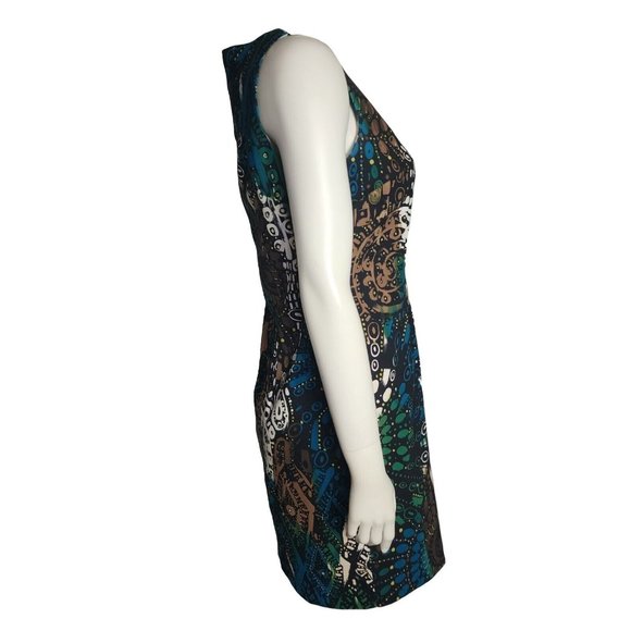 CONNECTED APPAREL Blue Brown Geometric Sleeveless Zip Back Dress Womens Size 6 - Picture 4 of 6